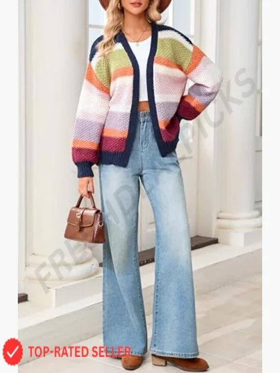 Oversized Chunky Knit Cardigan Sweater Open Front Long Sleeve Striped Y2K Chic - Picture 3 of 7